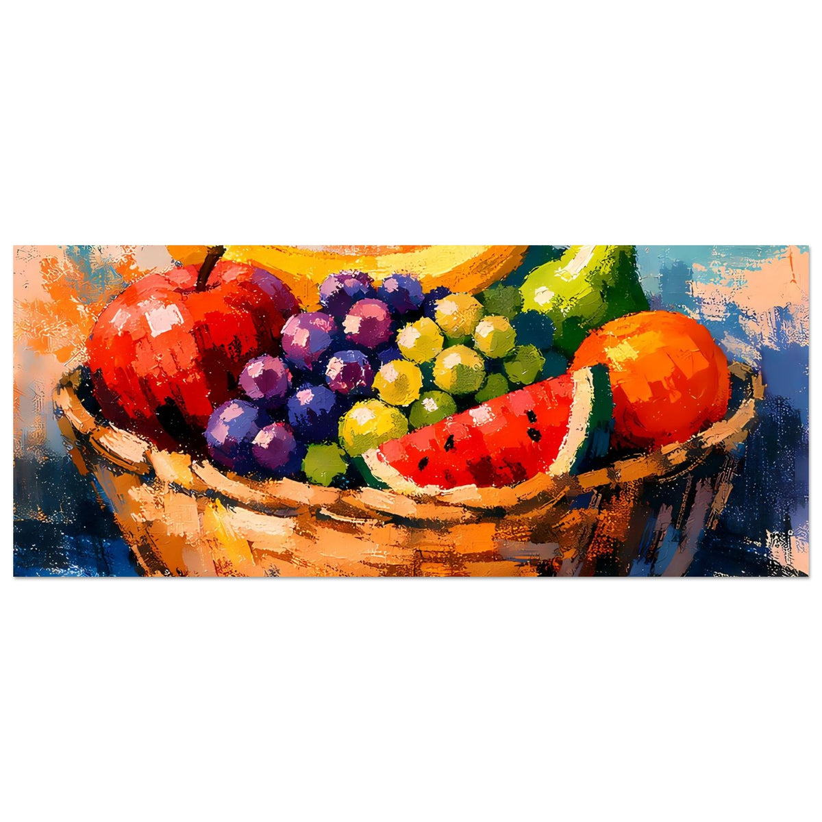 Panoramisches Poster: Früchtekorb mittig mit Beeren, Trauben und Melone