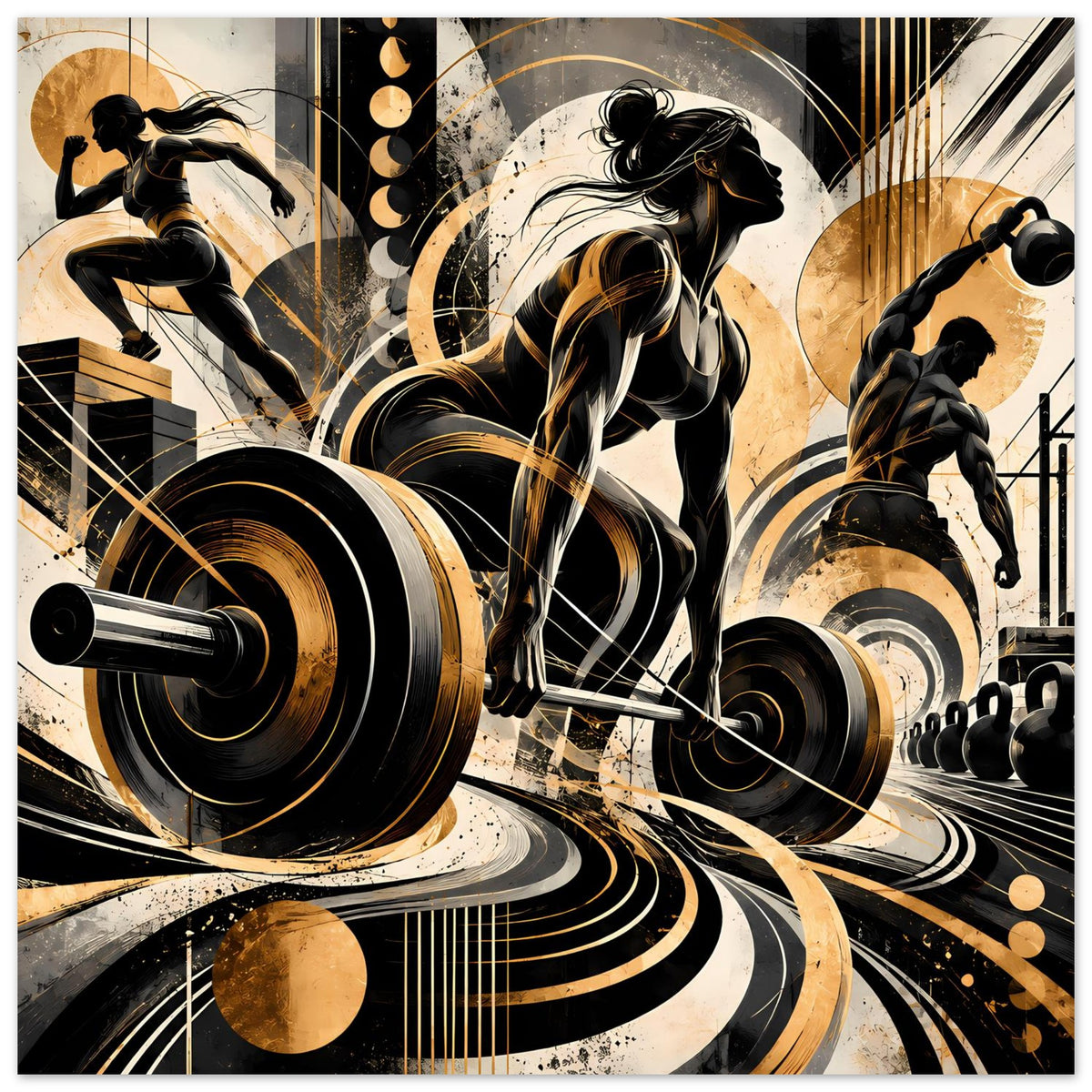 Fitness-Actionposter, horizontales Design mit Athleten-Silhouetten, Hantelscheiben und goldenen Linien