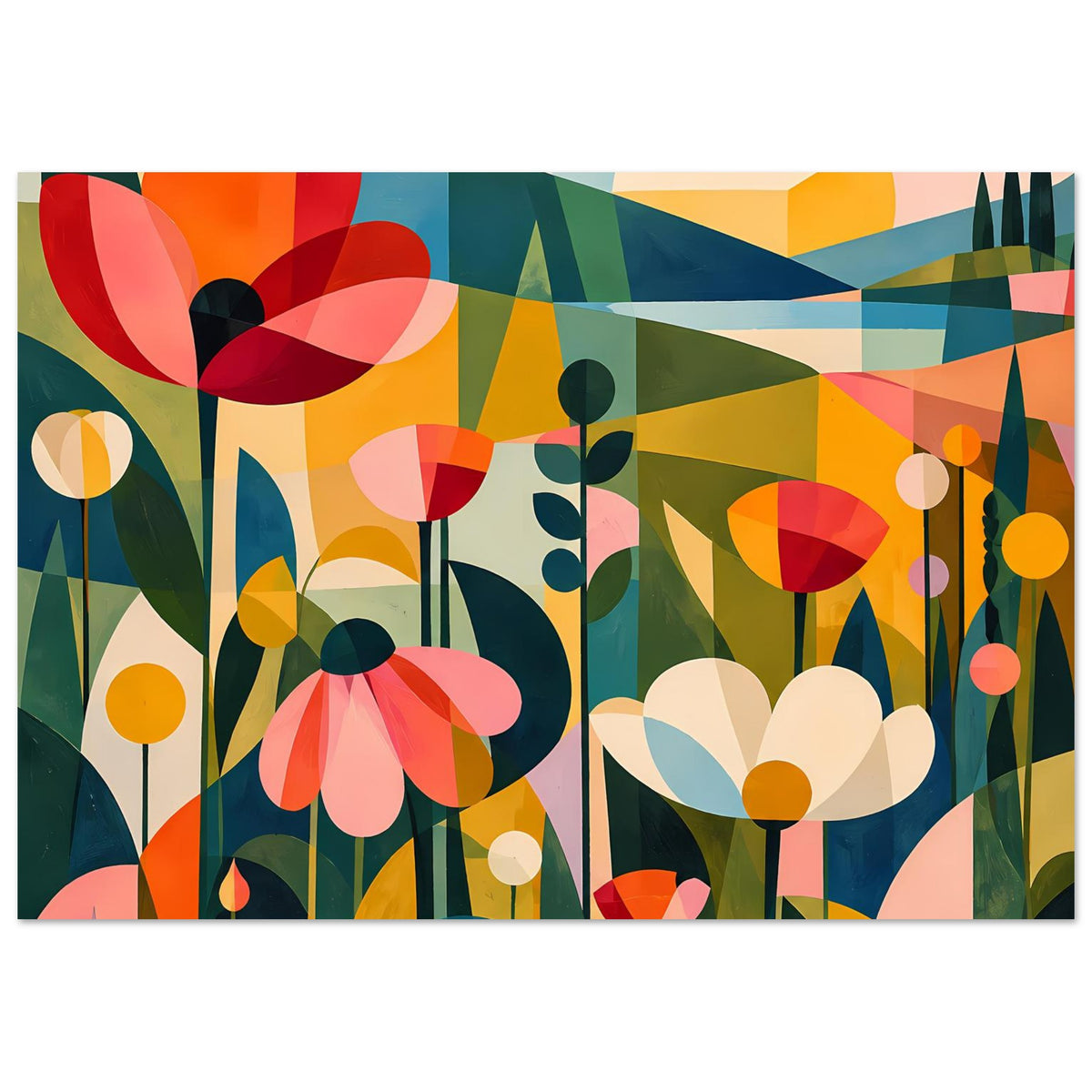 Abstraktes Blumenposter, breiter Ausschnitt: stilisierte Blüten, Gräser und Sonnenformen
