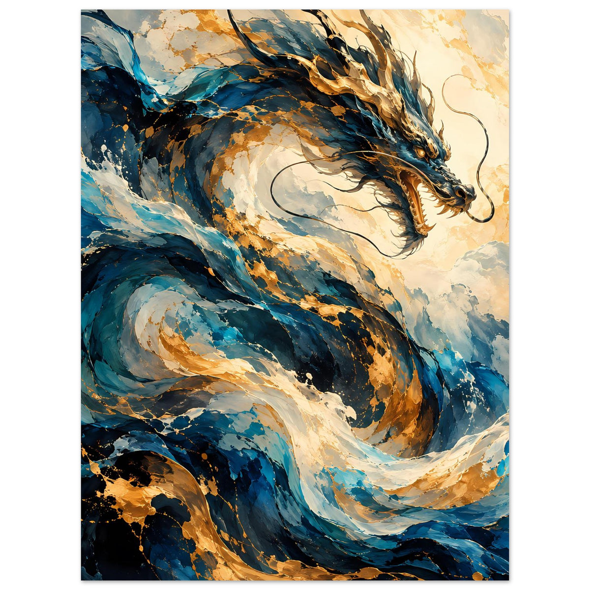 Fantasy-Poster mit Drachen im Querformat: Flügel, Flammenwirbel und goldene Spritzer
