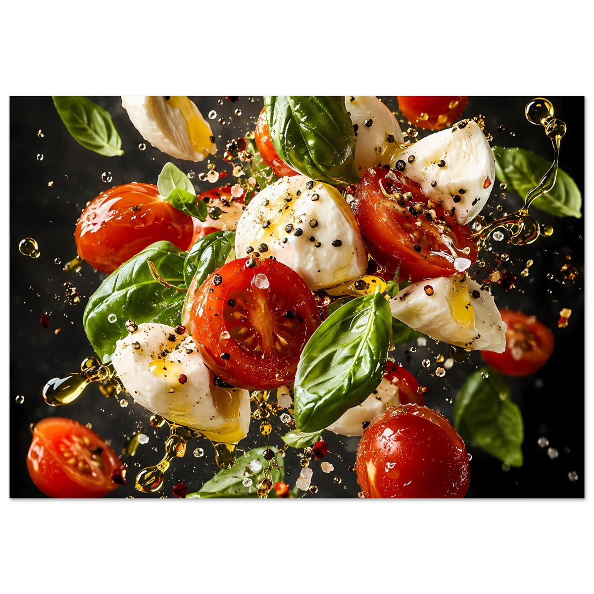 Caprese-Salat-Poster im Querformat: Tomaten, Mozzarella, Basilikumblätter und Spritzer.