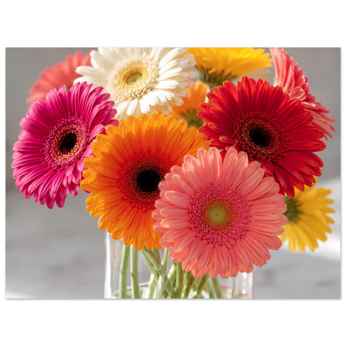 Horizontales Poster mit buntem Gerbera-Strauß in klarer Glasvase, mehrere Blüten