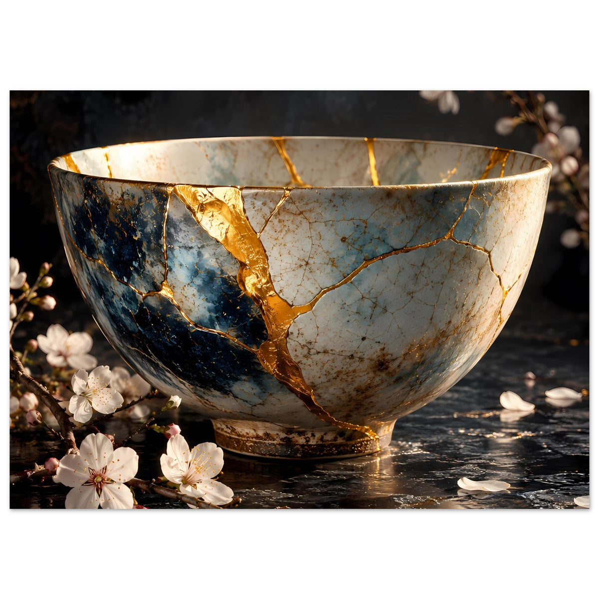 Kunstposter mit Kintsugi-Schale: goldene Fugen, blaues Keramikmotiv und weiße Blüten