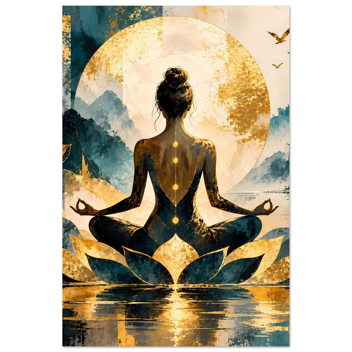 Meditatives Lotus-Poster (vertikal): sitzende Buddhafigur, goldener Kreis, goldene Wasserreflexe