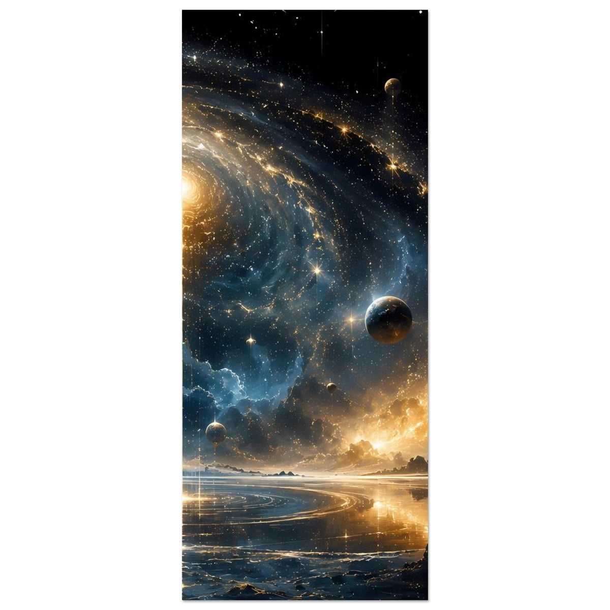 Vertikales Weltraum-Poster mit Spiralgalaxie, Sternen und schwebenden Planeten