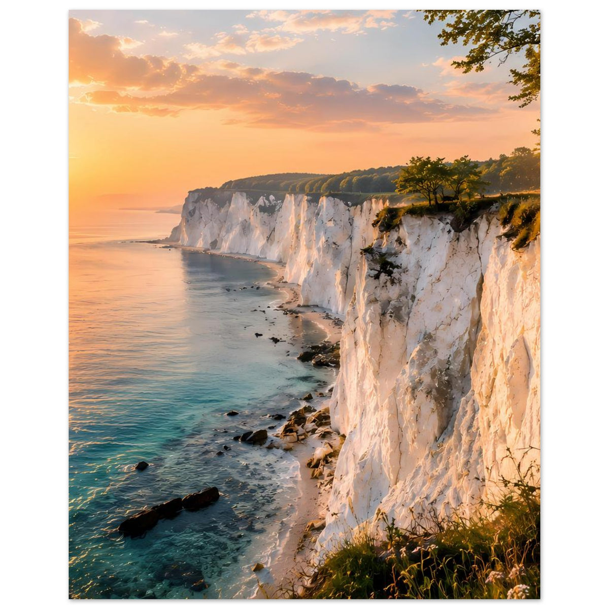 Vertikaler Posterdruck mit Küstenklippe, Felsstrand und orangefarbenem Sonnenuntergang