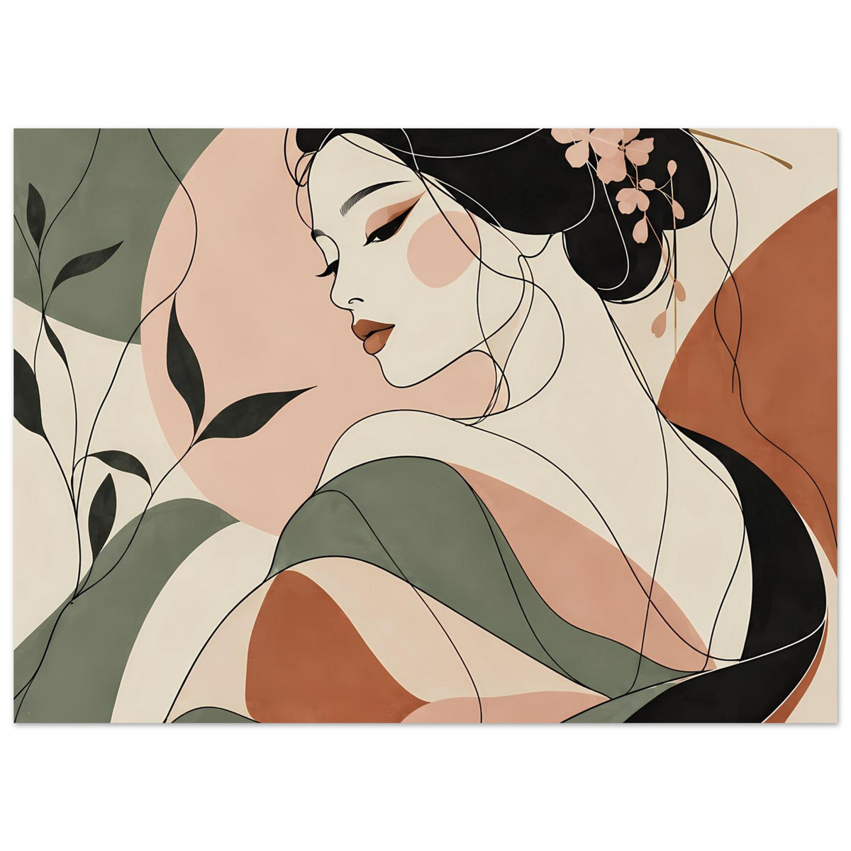 Gerahmtes Zen-Poster, Geisha in dreiviertel Ansicht, grüner Kimono und schwarze Konturen
