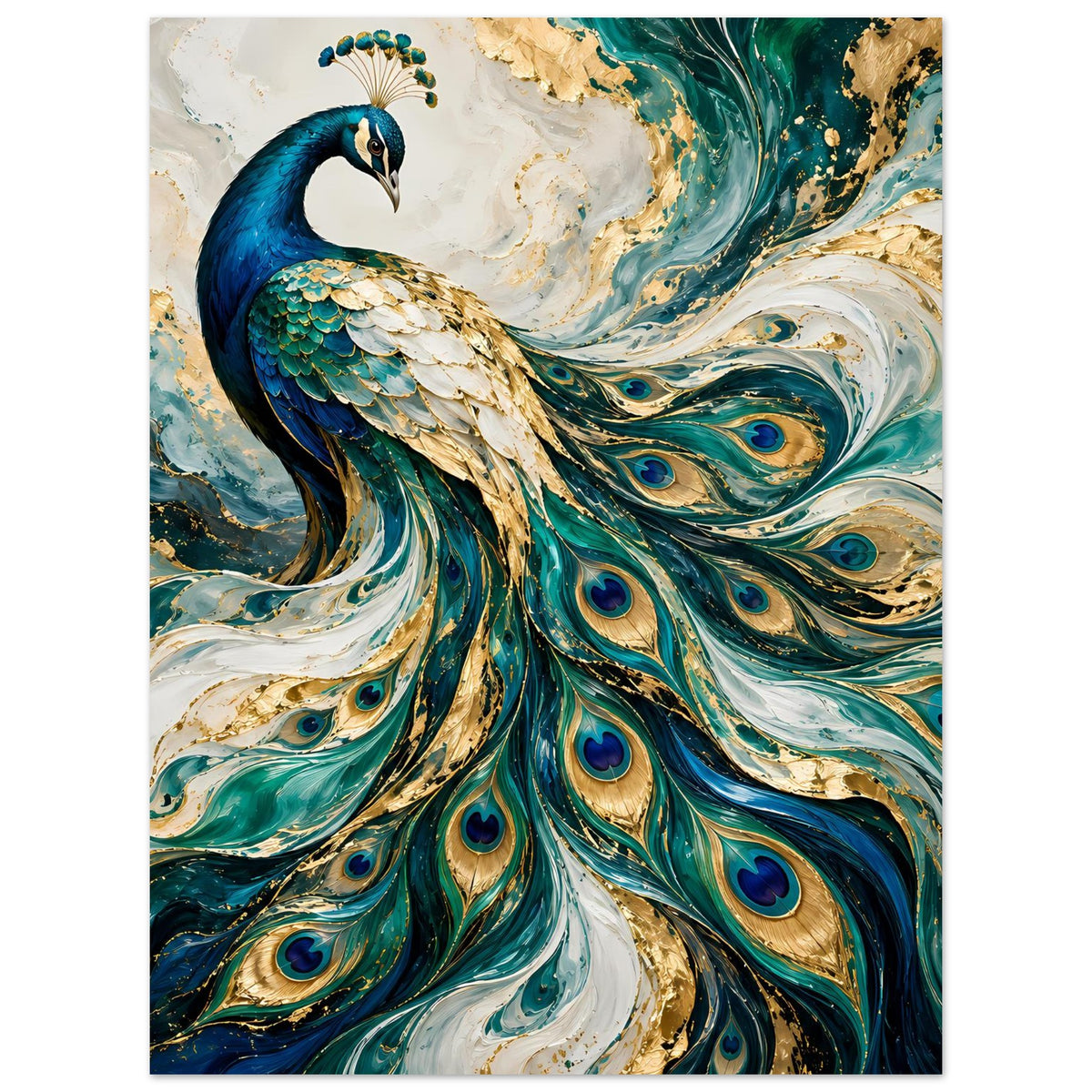 Pfau-Kunstposter, vertikal: blauer Pfau mit goldenen Highlights und Pfauenaugen in Petrol