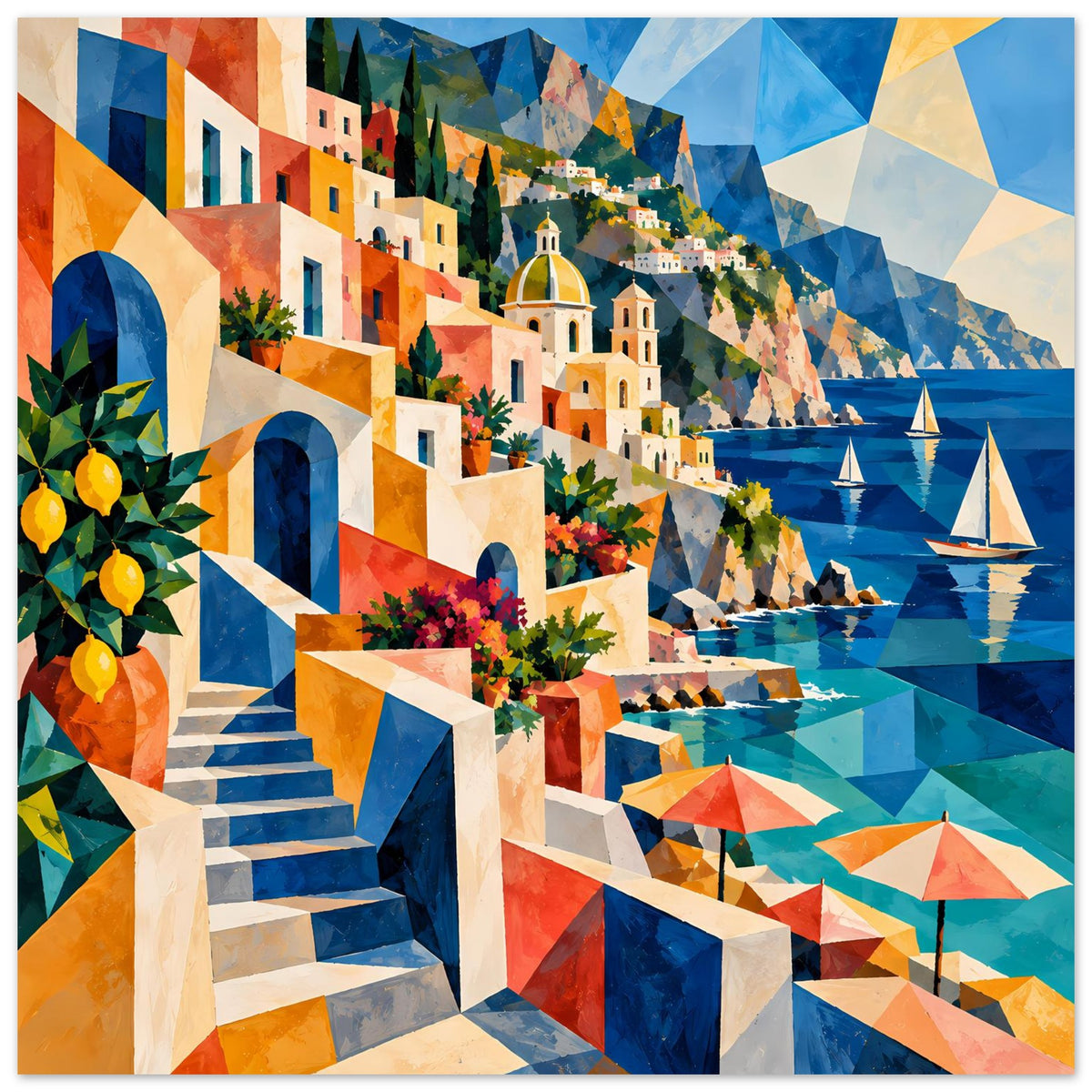 Mediterranes Küstenkunstposter querformat, Treppe und Häuser an der farbigen Küste