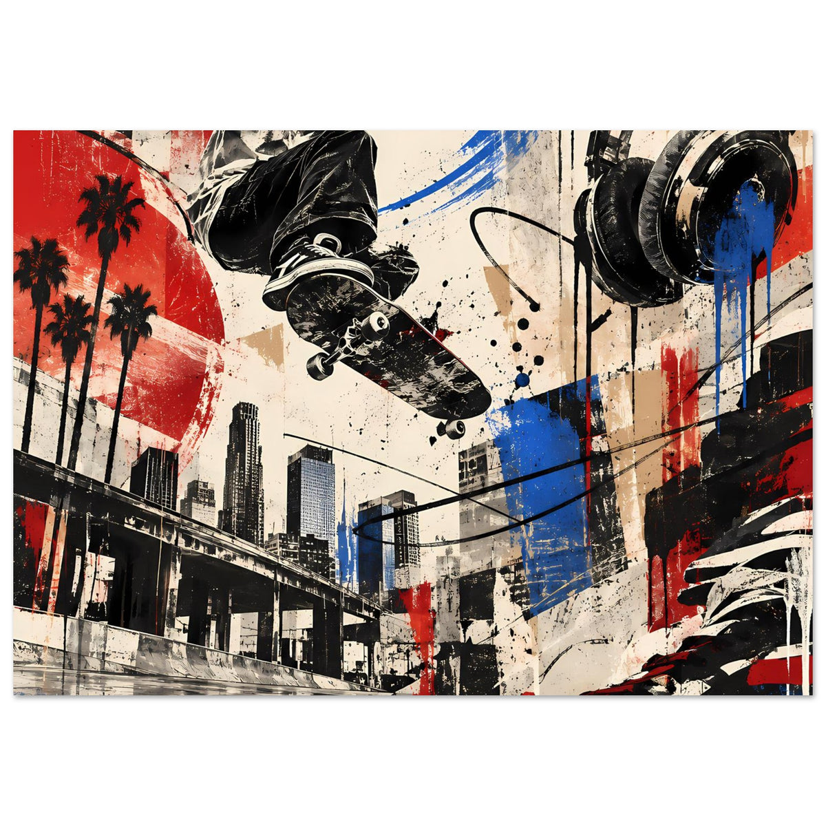 Breites Poster mit City-Skyline und Skateboarder-Grafik, Akzente in Rot, Blau und Schwarz