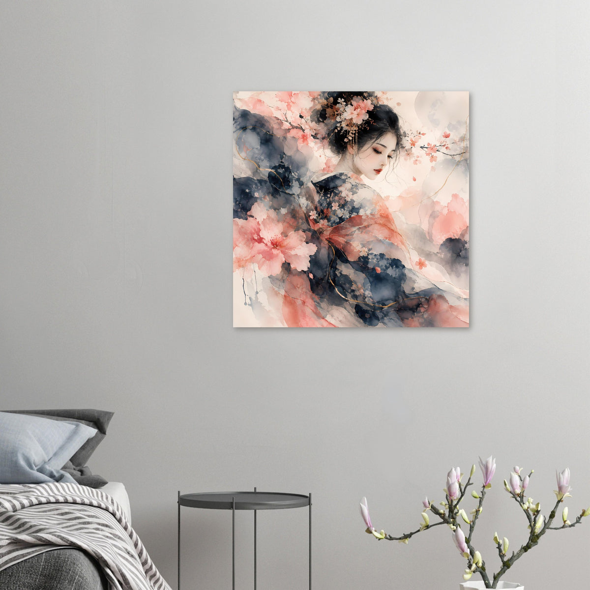 Kleines Poster an der Wand: Aquarellmotiv mit Frau und Kirschblüten in Rosa und Blau