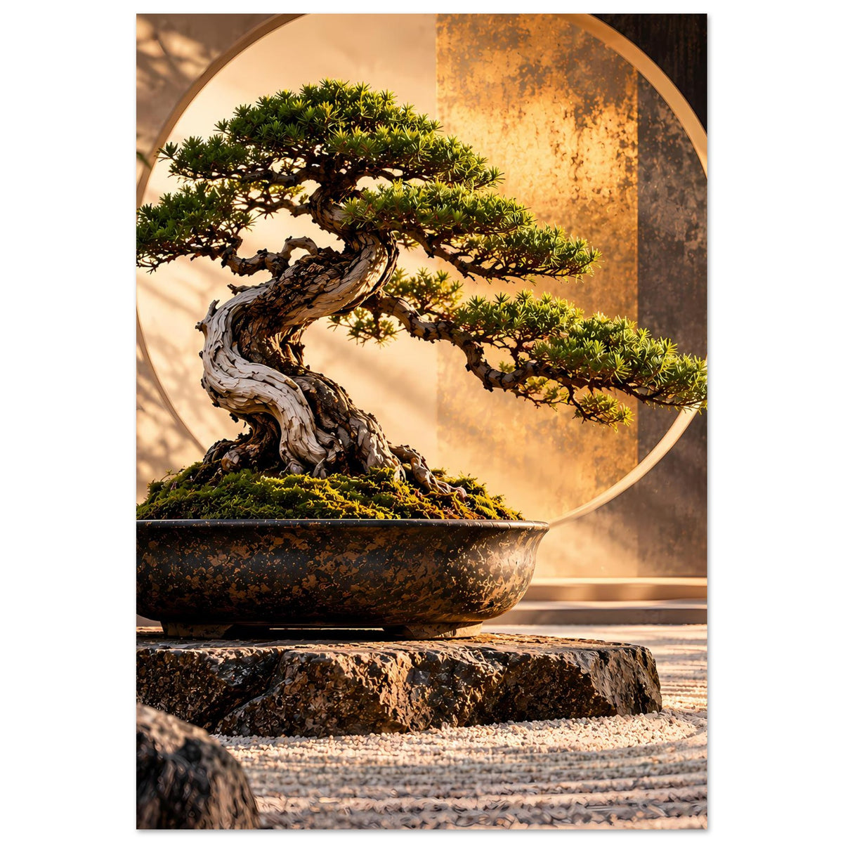 Poster mit Bonsai-Baum, dunkler Schale und goldenem Kreis; schwarzer Rahmen und Rand