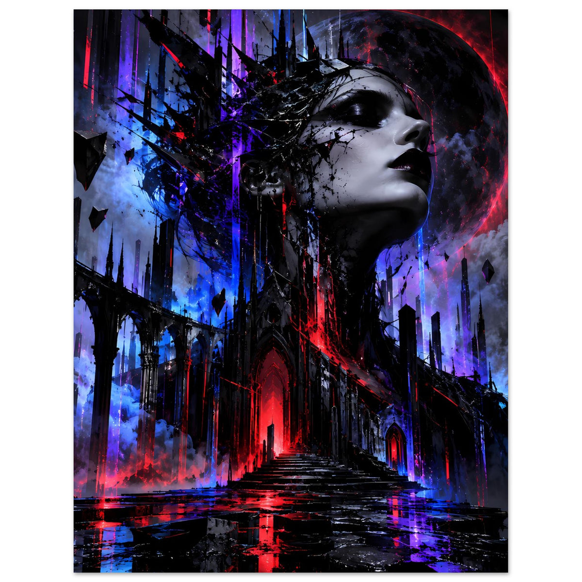 Gothic-Fantasy-Poster mit Frauenporträt im Profil, Neonlichte in Blau und Rot