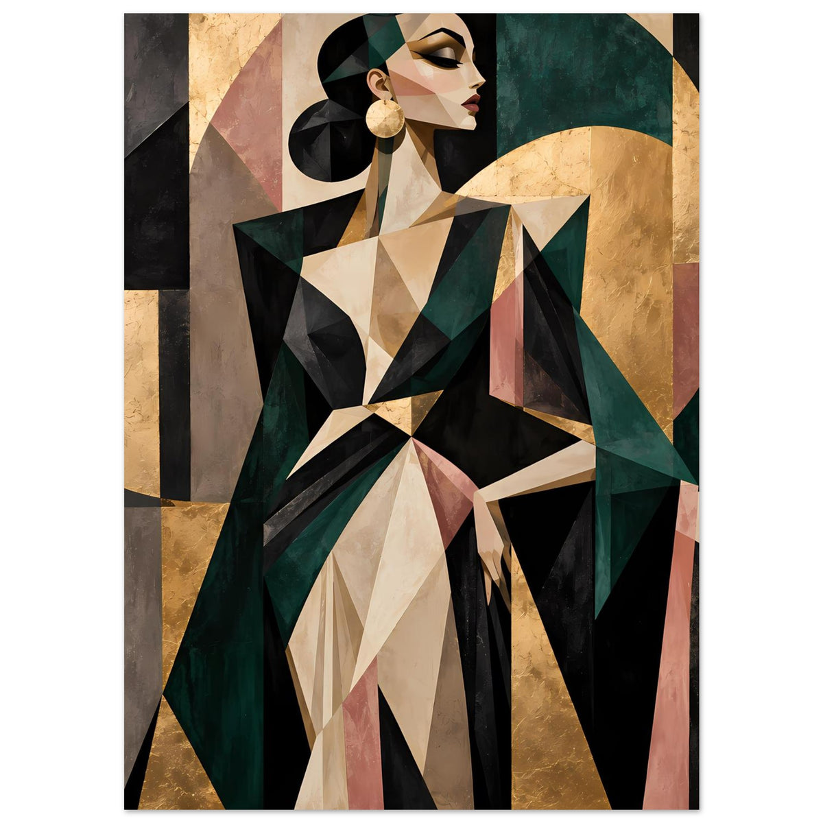 Abstraktes Poster mit geometrischer Frau in Olivgrün, Gold und Rosé