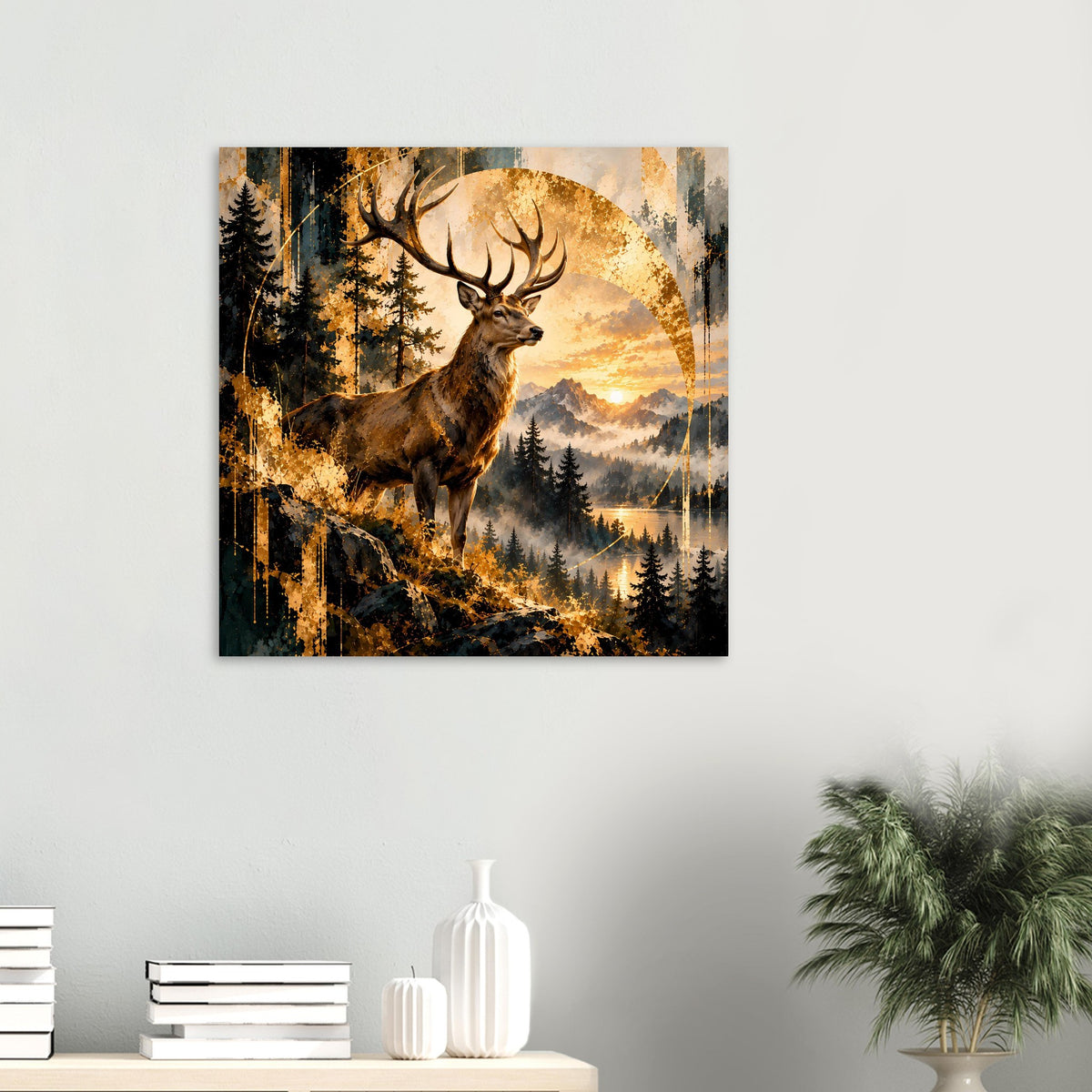 Wandposter: Hirsch im Wald bei Sonnenuntergang, goldbraune Farbsprenkel und Tannen