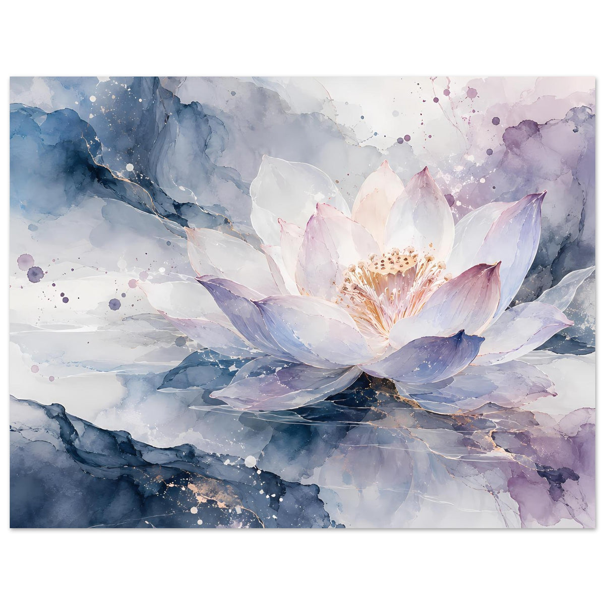 Horizontales Blumenposter mit Lotusblüte: weiße Blüte, lila Akzente, aquarellartige Blautöne