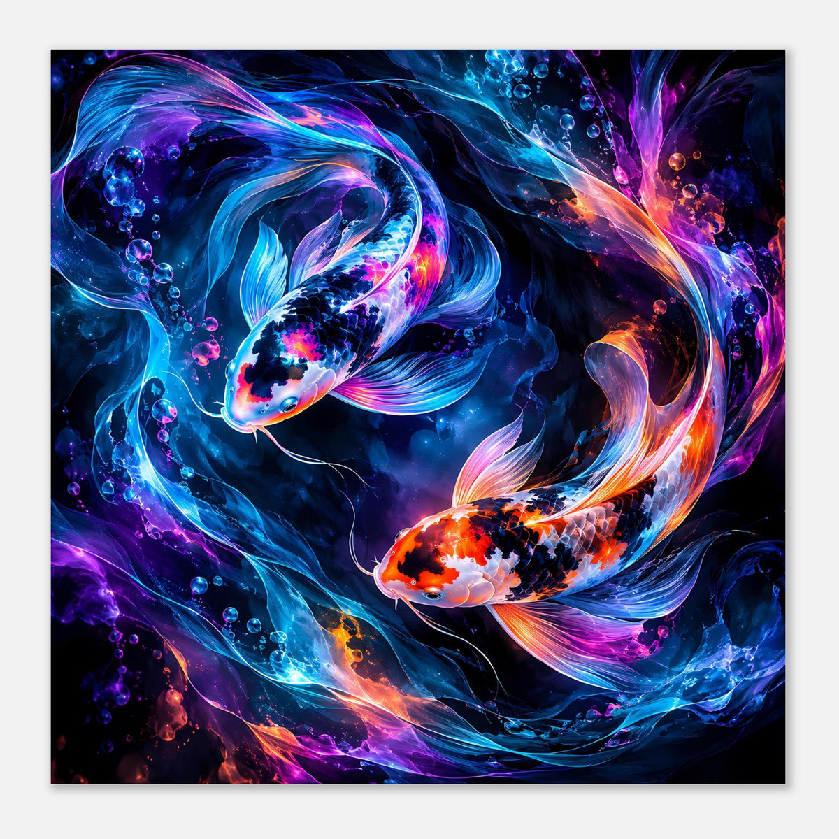 Quadratisches Poster: leuchtende Koi-Fische in Blau, Violett und Orange mit Lichtwirbeln