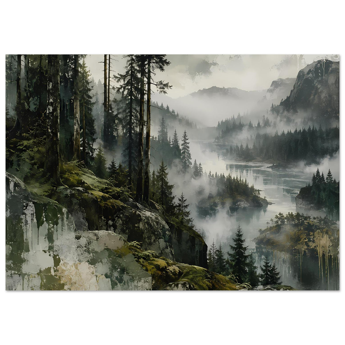 Querformat-Poster mit Waldszene: Tannen, Nebel und gewundenes Wasser