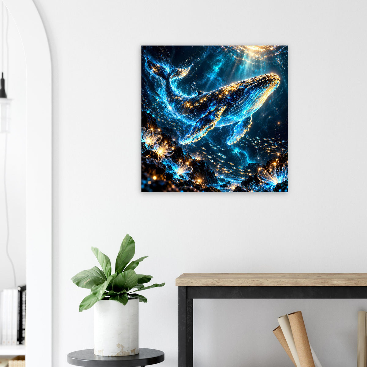 Walmeer-Poster quadratisch: leuchtendes Blau und Gold, Walform im Sternenmeer