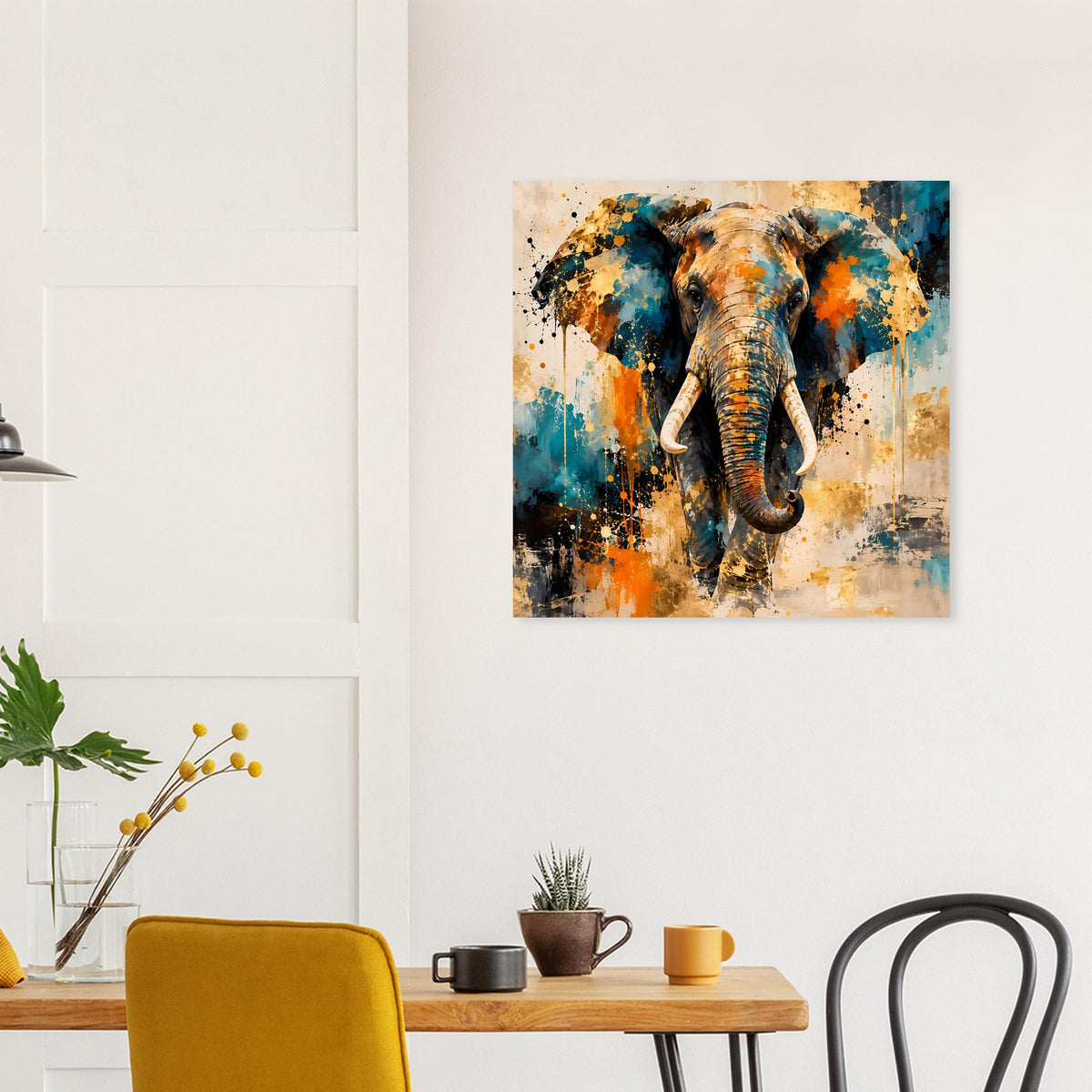 Abstraktes Elefantenposter im Rahmen mit Elefantengesicht, Spritzoptik in Blau, Türkis und Orange