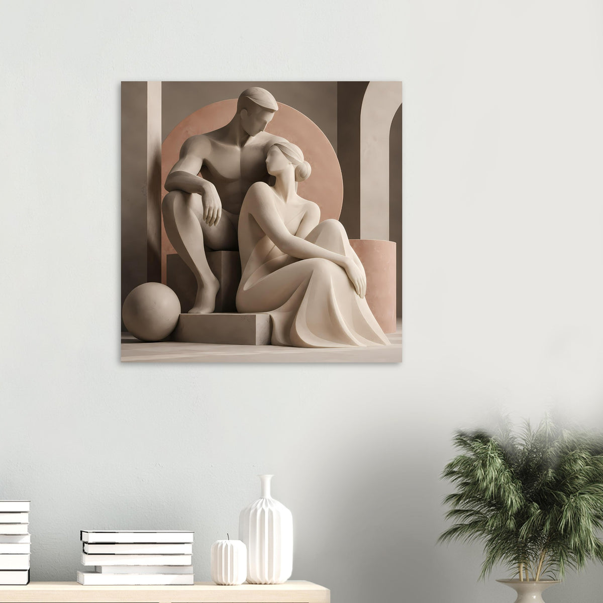 Kunstposter mit Liebespaar, kleinere Darstellung mit rundem Hintergrund und Podest