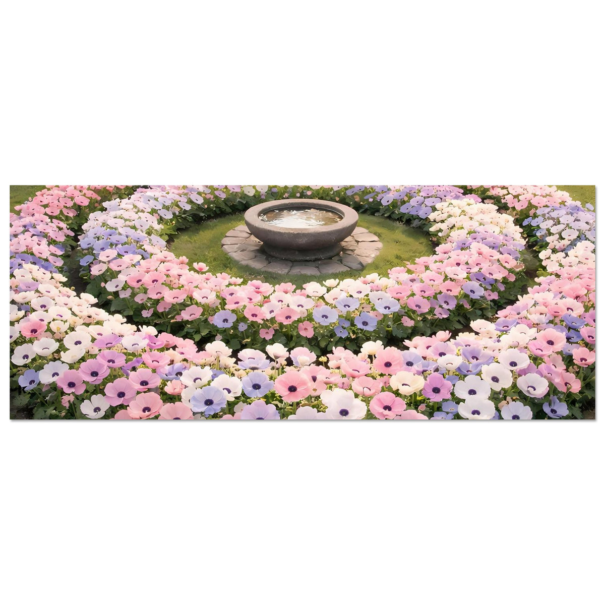 Horizontales Poster mit runden Blumenbeeten und Blumenkranz, Schale in der Mitte