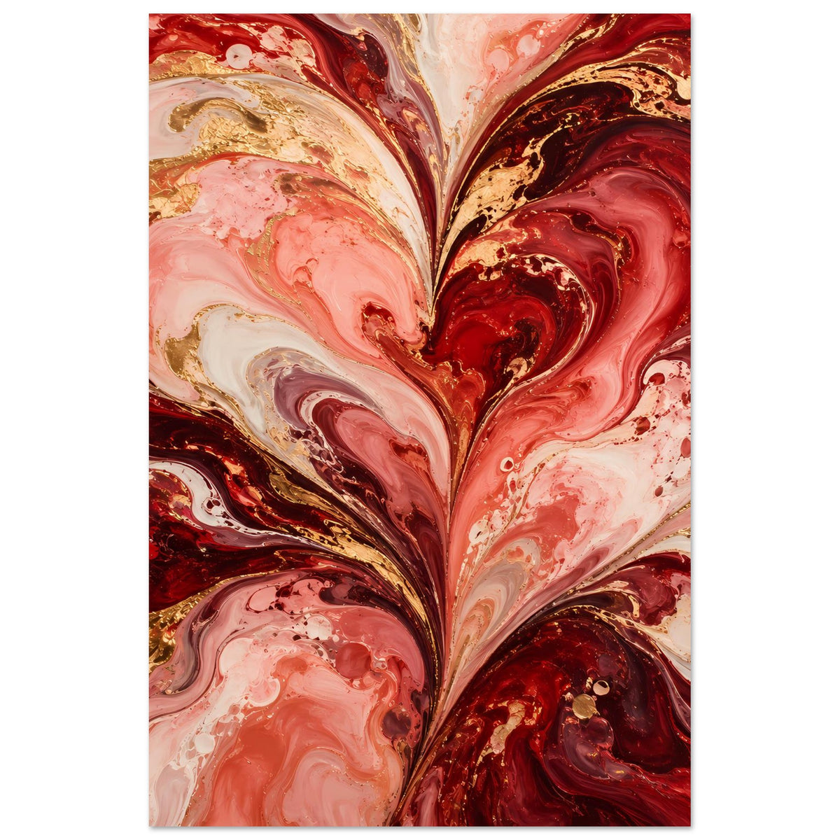 Liebesposter mit abstraktem Herz in Rot, Rosa und Gold, marmorierte Farbschlieren
