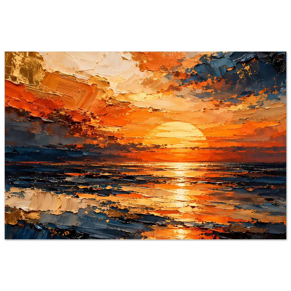 Abstraktes Sonnenuntergangs-Meer Poster, orange und blau, horizontales Motiv mit Pinselrelief