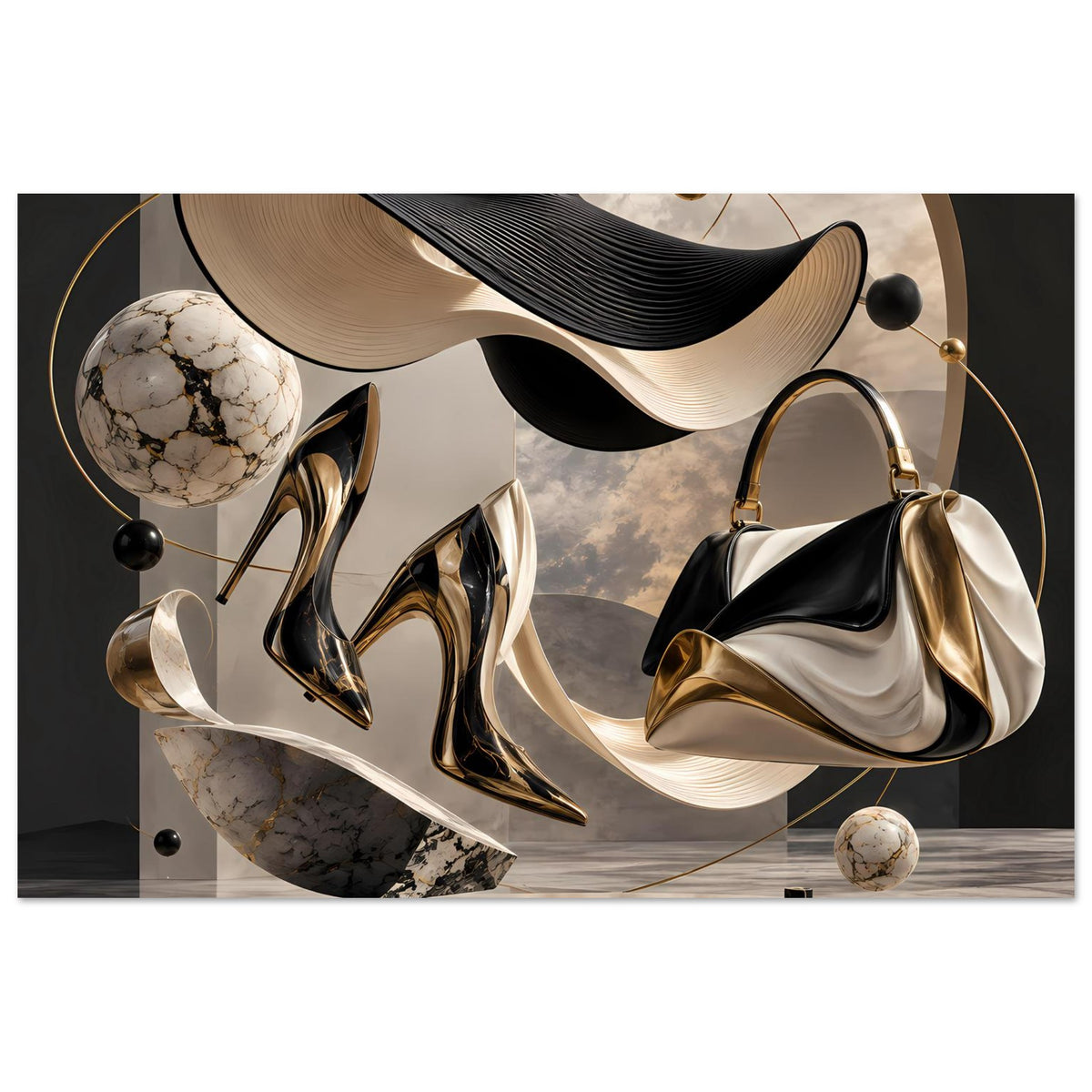 Abstraktes Modekunst-Poster: schwarze High Heels, goldene Details, Handtasche und Kugeln