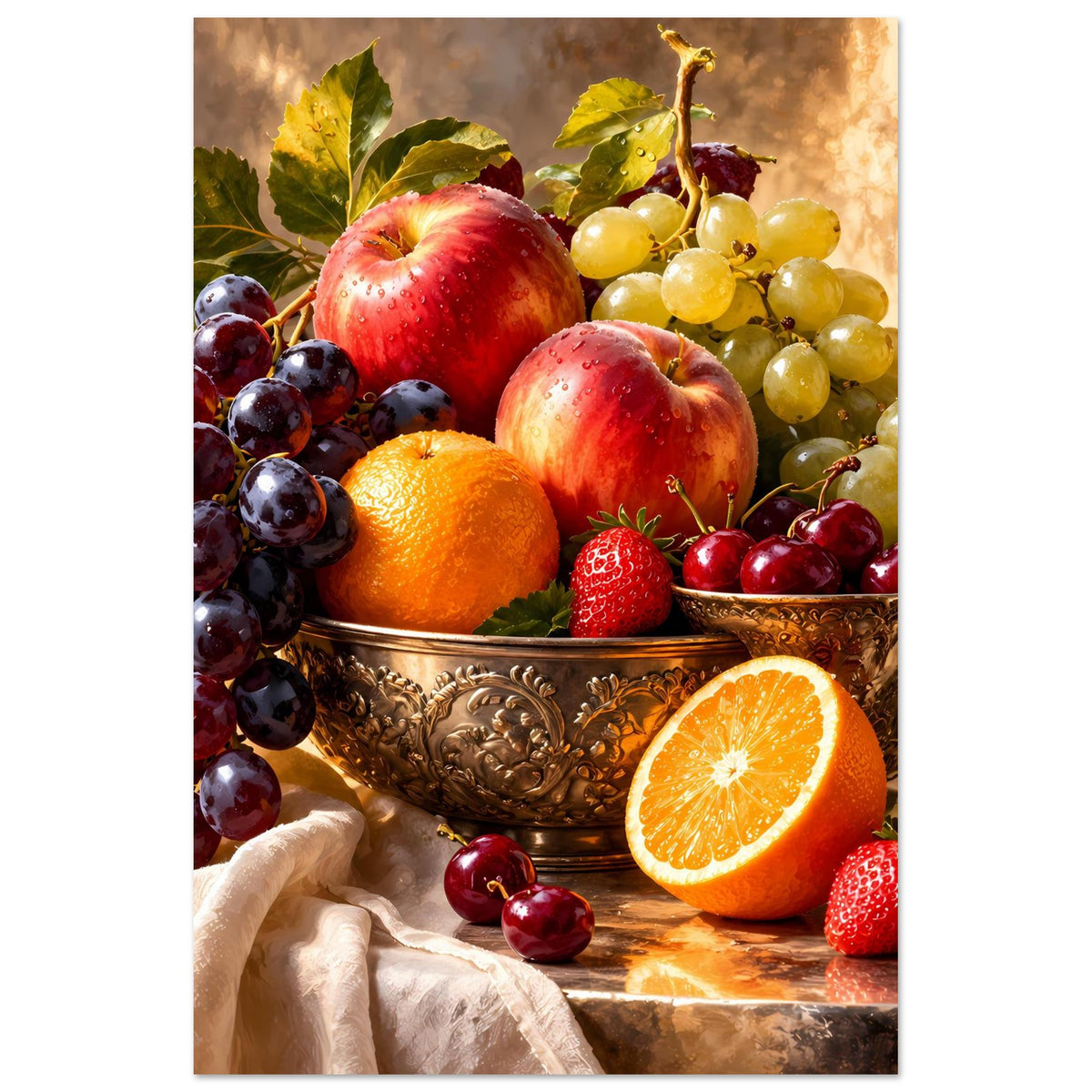 Obst-Stillleben-Poster mit prallen Früchten in Kupferschale: Äpfel, Trauben, Beeren, Orange