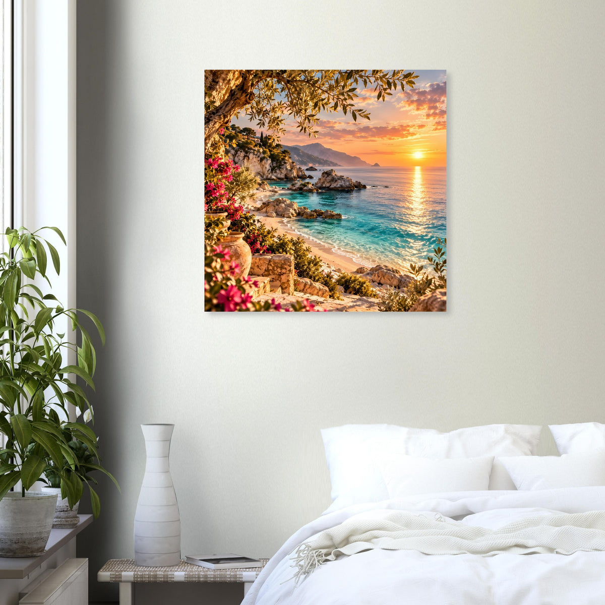 Strandposter mit Sonnenuntergang, Küste mit Palmen und türkisfarbenem Wasser