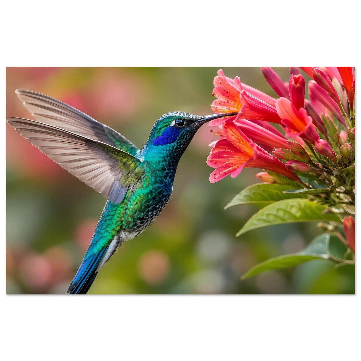 Naturposter querformat: Kolibri an rosa Blüten, mittiges Motiv