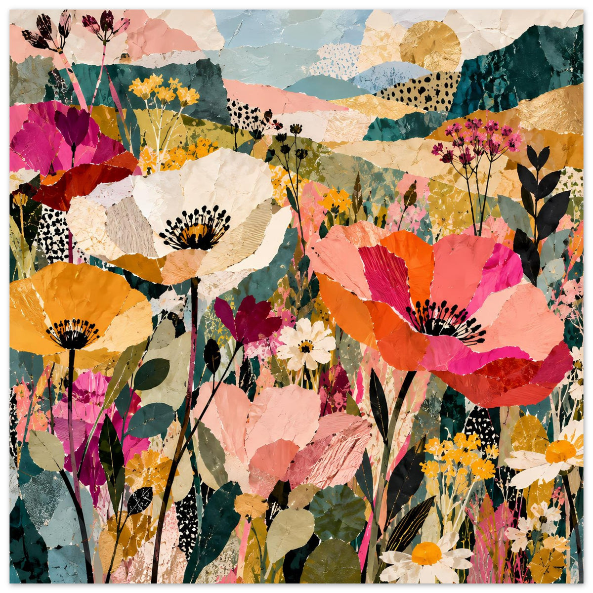 Buntes Poster im Querformat mit üppigem Blumen-Collage-Muster aus vielen Farben