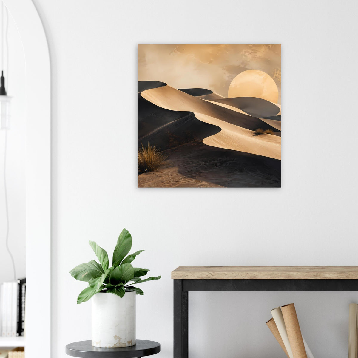 Wüstenposter im Quadratformat mit goldenen Dünen, Mondsphäre und dunklen Senken