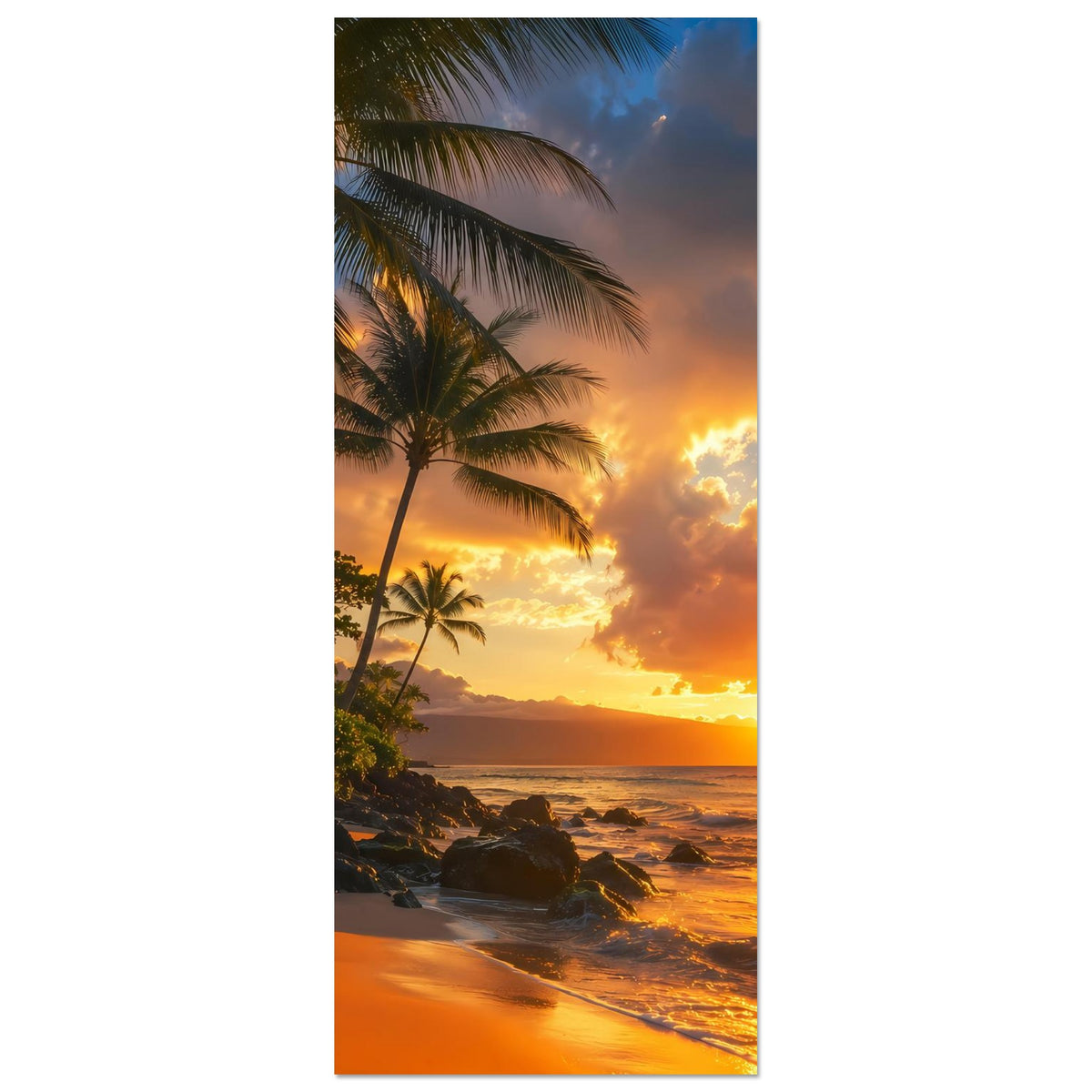 Strandposter (hochkant): Palmen und Küste bei Sonnenuntergang, orangegoldener Strand