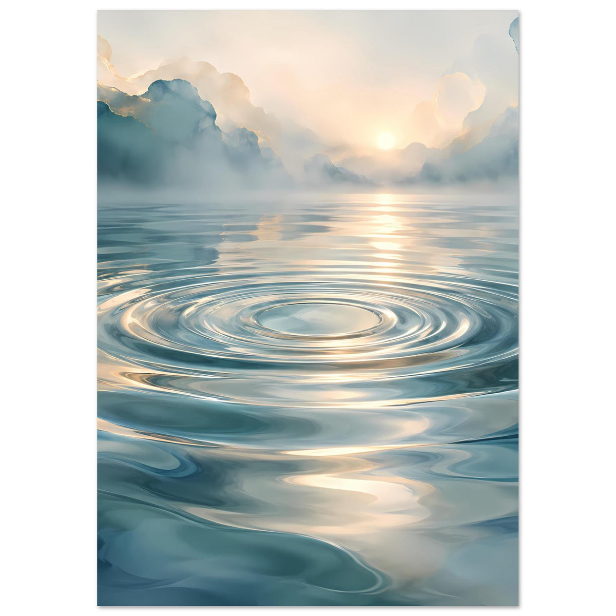 Aufrechtformates Poster mit Wasserwellen und goldener Sonnenreflexion auf ruhigem Meer
