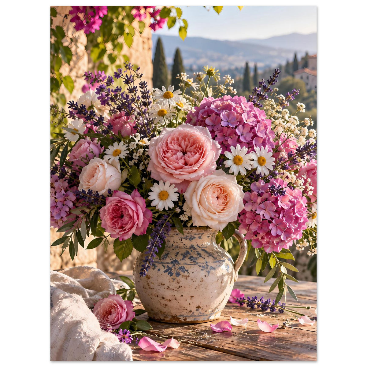 Blumenposter: bunter Strauß aus Pfingstrosen, Hortensien und Gänseblümchen in Vase