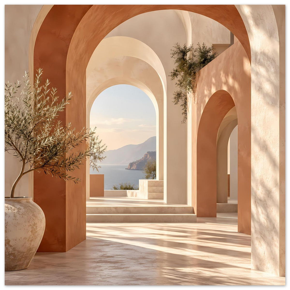 Poster mit mediterranen Rundbögen in Terrakotta und Beige, Pflanze links, Durchblick ins Freie.