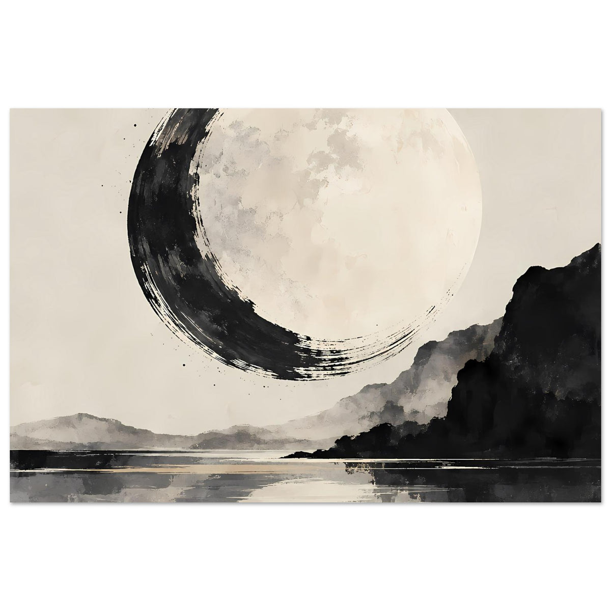 Schwarzweiß-Poster: großer Mond, Nebellandschaft und spiegelnde Wasseroberfläche
