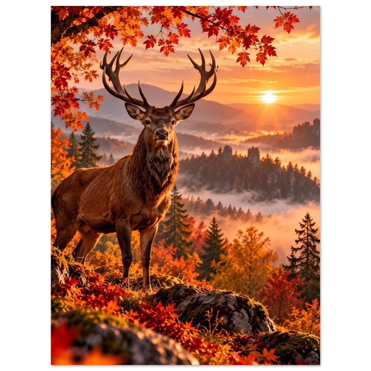 Herbst-Poster mit Hirschmotiv: braunes Geweihtier, orange Blätter und goldener Sonnenhimmel