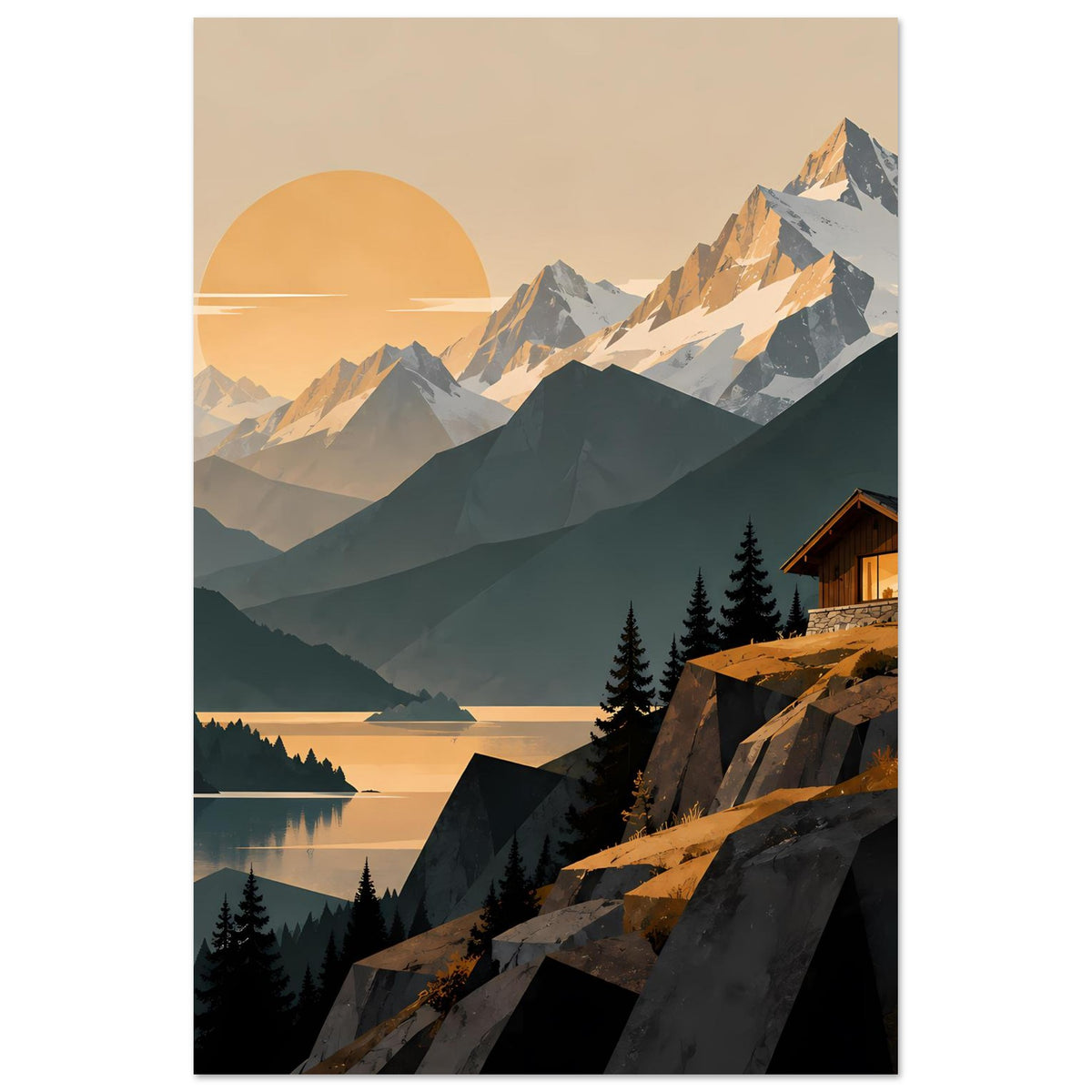 Landschaftsposter im Hochformat: Sonnenuntergang über dem Bergsee, Hütte rechts im Bild