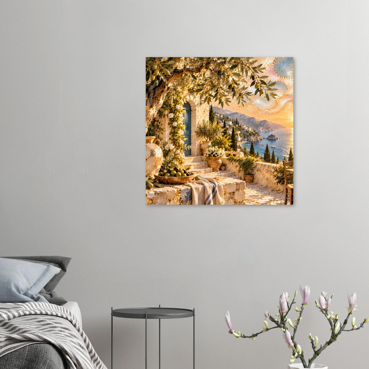 Mosaikkunst-Print im Querformat: mediterraner Gartenweg mit Olivenbäumen und Abendhimmel