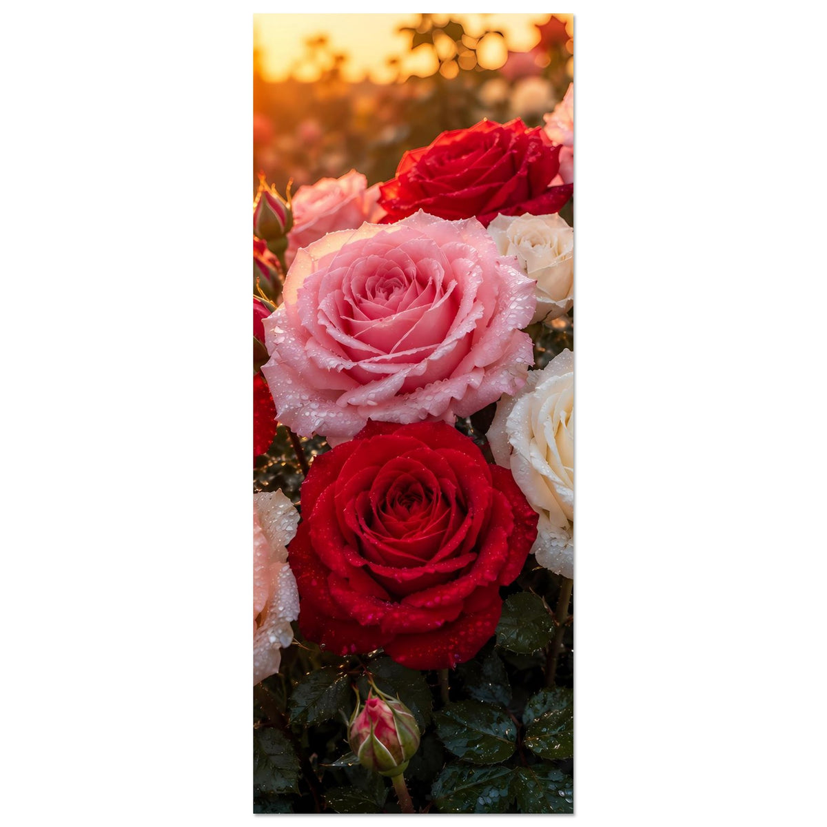 Vertikales Poster mit Rosenblüten in Rosa-, Rot- und Weißtönen, mit sichtbarer Taufrische