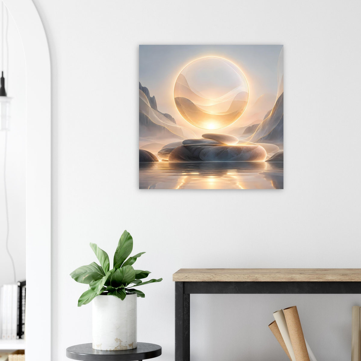 Kunstposter mit leuchtendem Ring über abstraktem Landschaftsmotiv in warmen Tönen