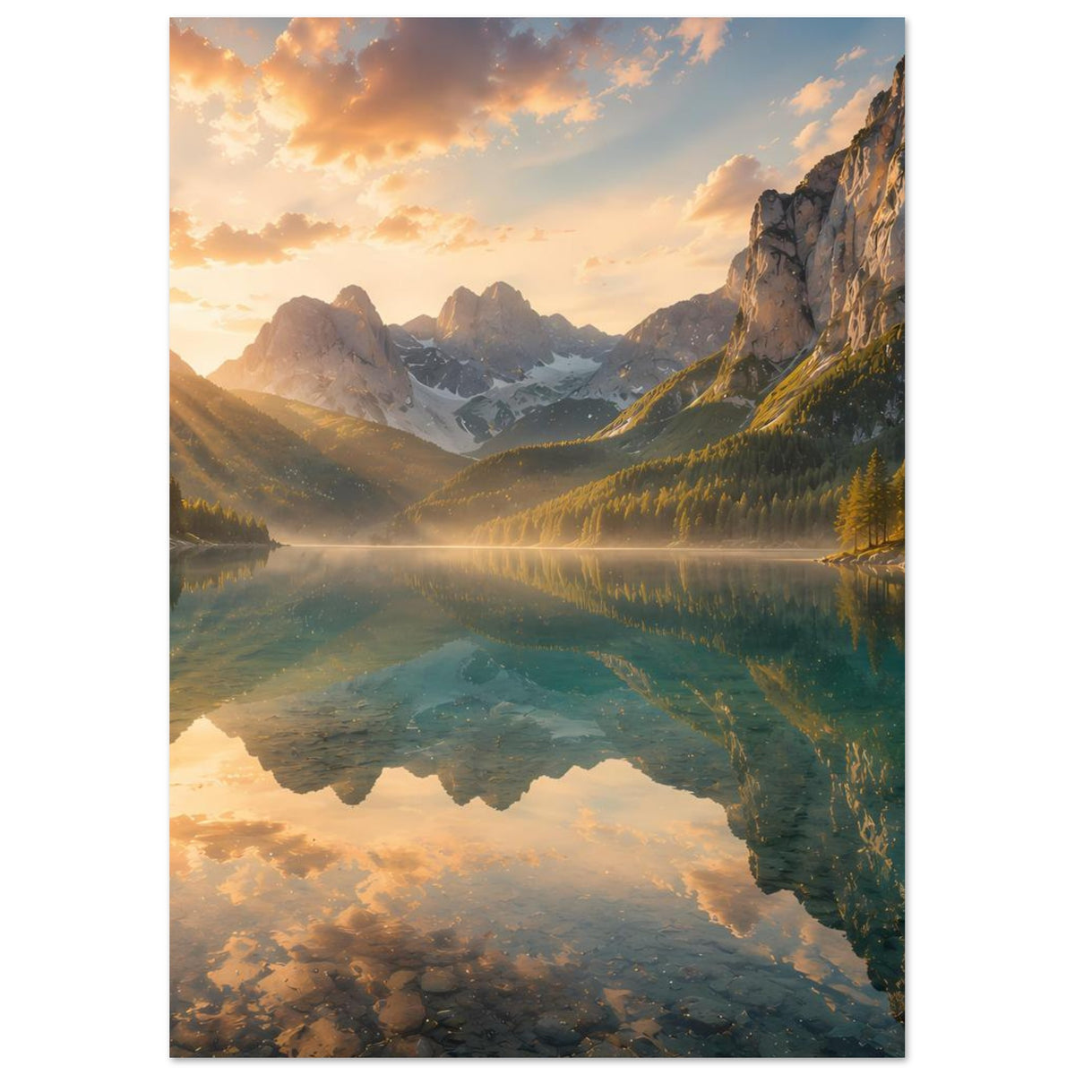 Wandposter im Hochformat: Sonnenaufgang über Bergsee, Reflexion und Berge