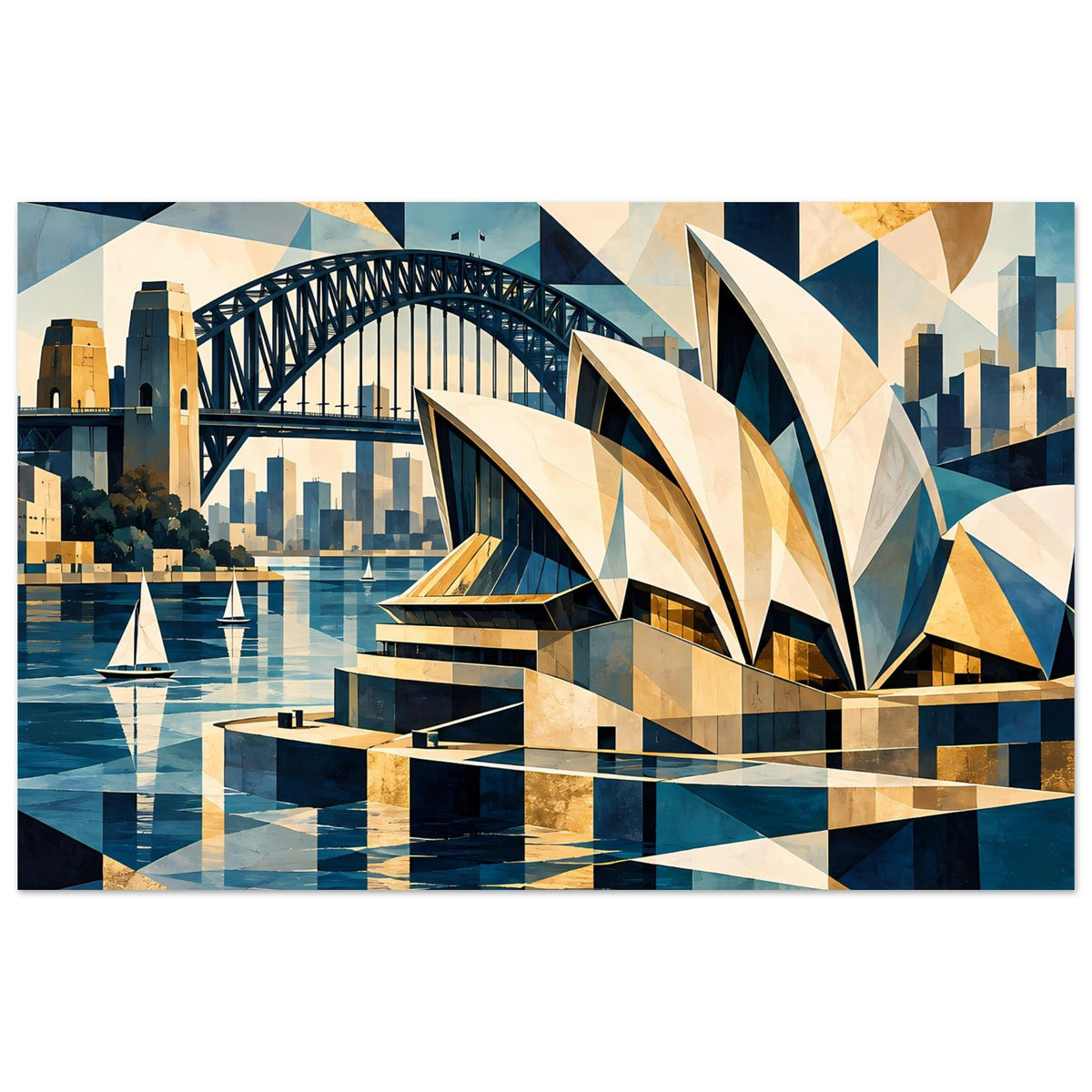 Geometrischer Kunstdruck mit Sydney Harbour-Brücke, Blau-Gold-Muster und Wasserlandschaft