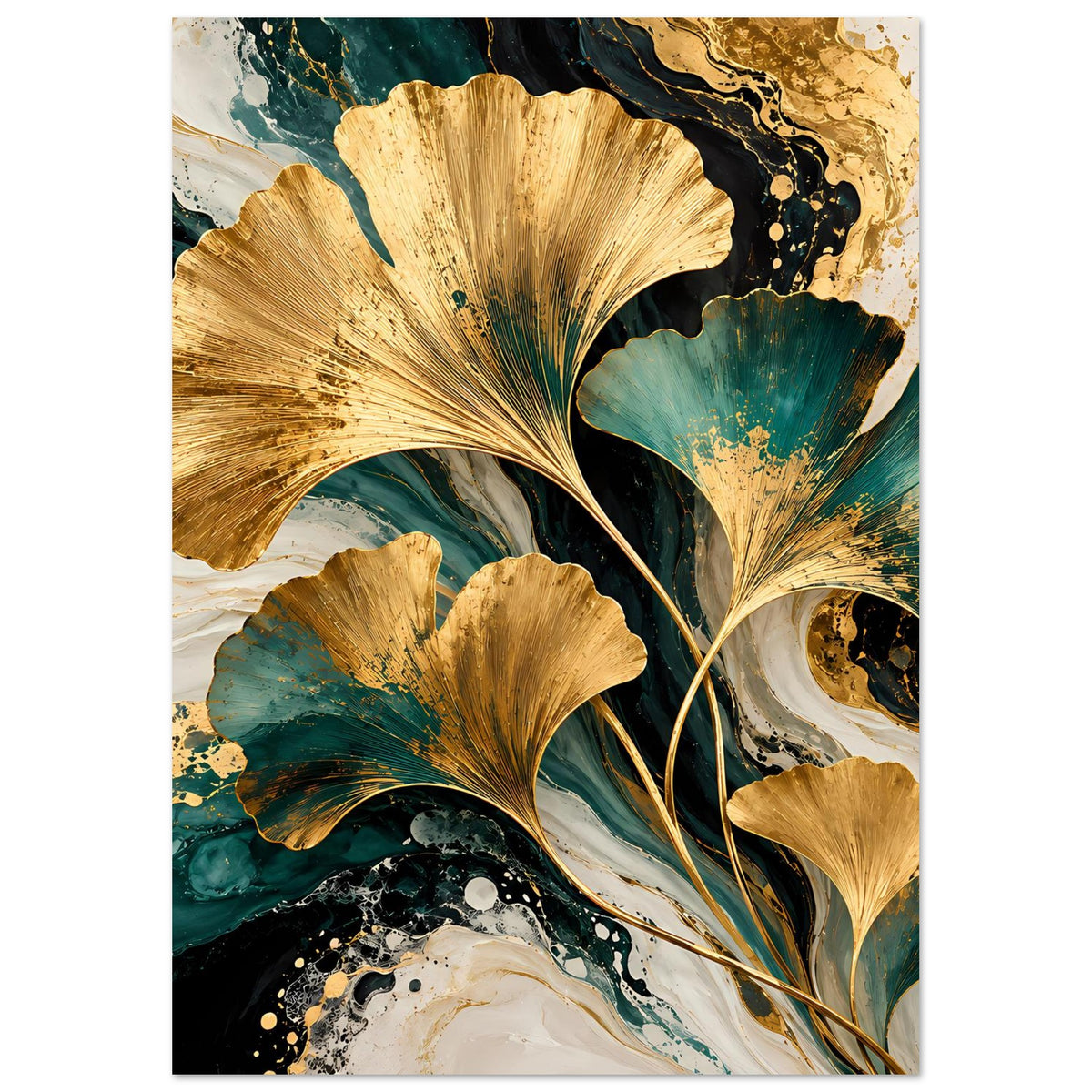 Naturposter mit goldenen Ginkgo-Blättern, türkis-grünem Hintergrund und goldenen Linien/Verzierungen