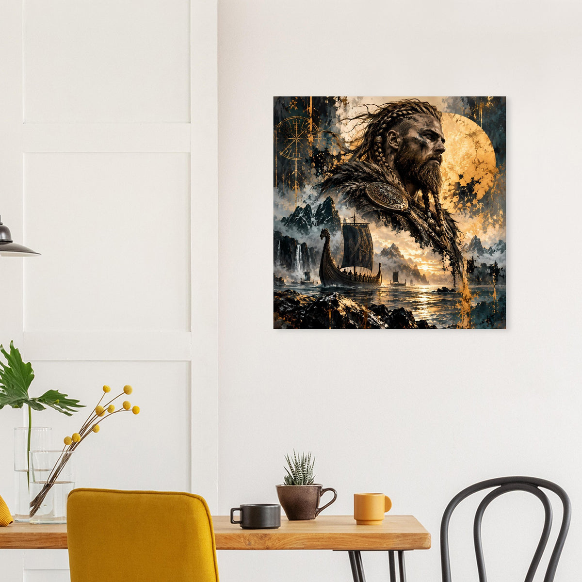 Horizontales Poster mit Wikingerkrieger im Blick zur Seite, Fluss und goldenes Licht