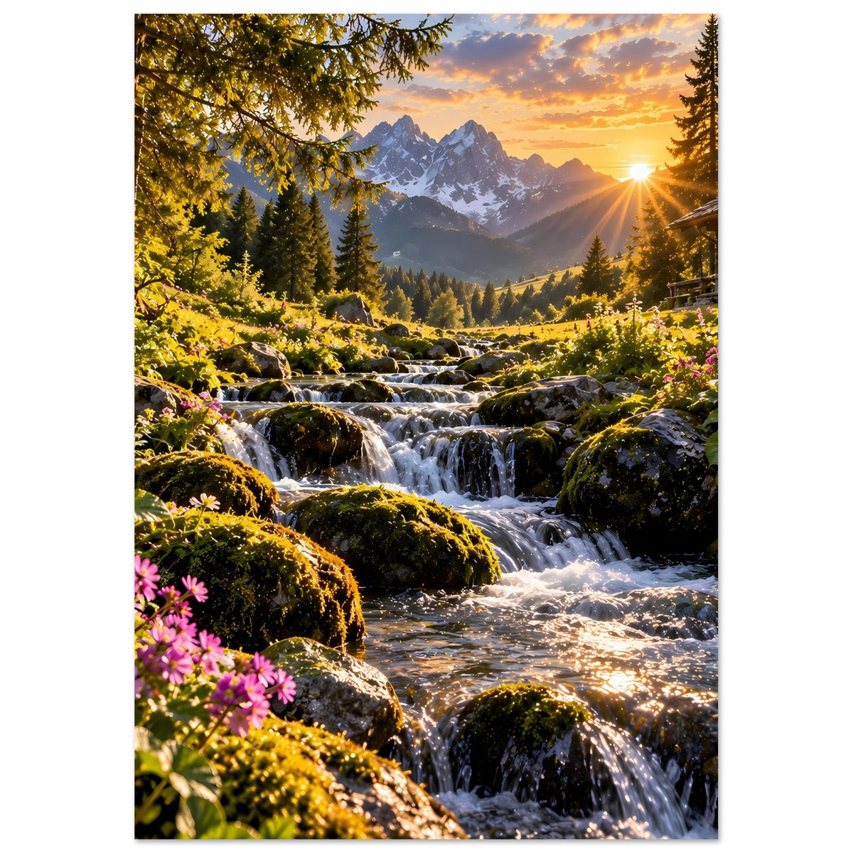 Vertikales Landschaftsposter mit Wasserfall, Bergkulisse, Tannen und goldener Abendsonne