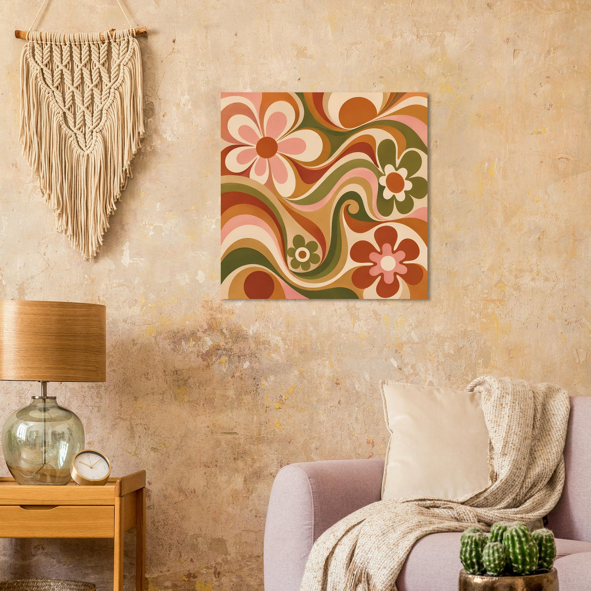 Quadratisches Florales Poster mit großen Blüten und Wirbelmustern in Olivgrün und Orange